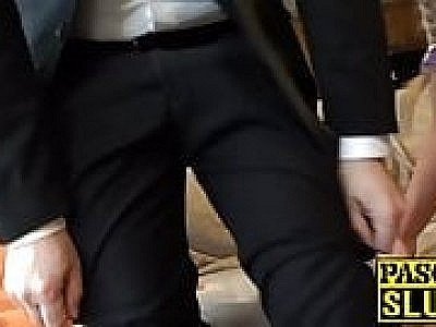 Submissive British MILF in threesome with pair of doms