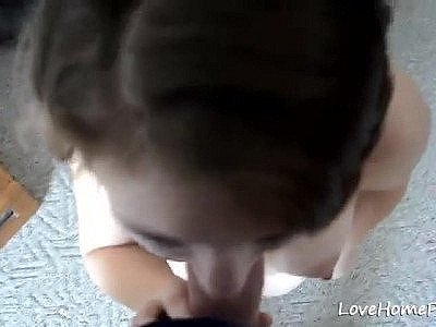 Amateur housewife on her knees sucking a schlong