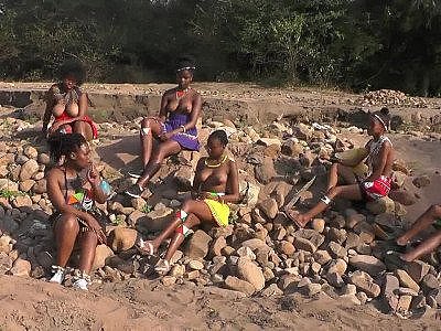 Topless African girls with nice tits dancing and talking