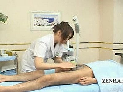 Subtitled CFNM Japanese sensual handjob massage cumshot