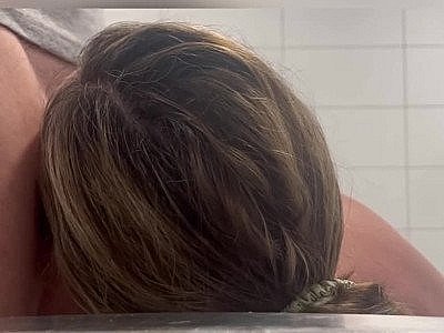 Blowjob close up from hot MILF with massive tits in a public bathroom