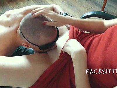 Chained slave licks pussy on the orders of mistress, Russian femdom cunnilingus,